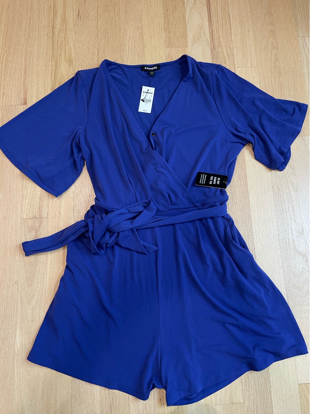 Express Cobalt Wrap-Front Romper with Waist Tie